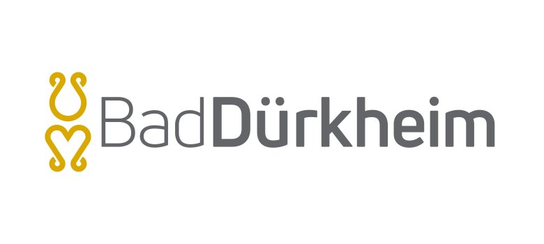 Das neue Logo der Stadt Bad Dürkheim in den Farben riesling-gold und grau. Schriftzug: Bad Dürkheim.
