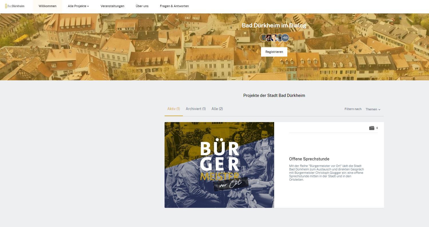 Screenshot der Startseite der Bürgerbeteiligungsplattform der Stadt Bad Dürkheim