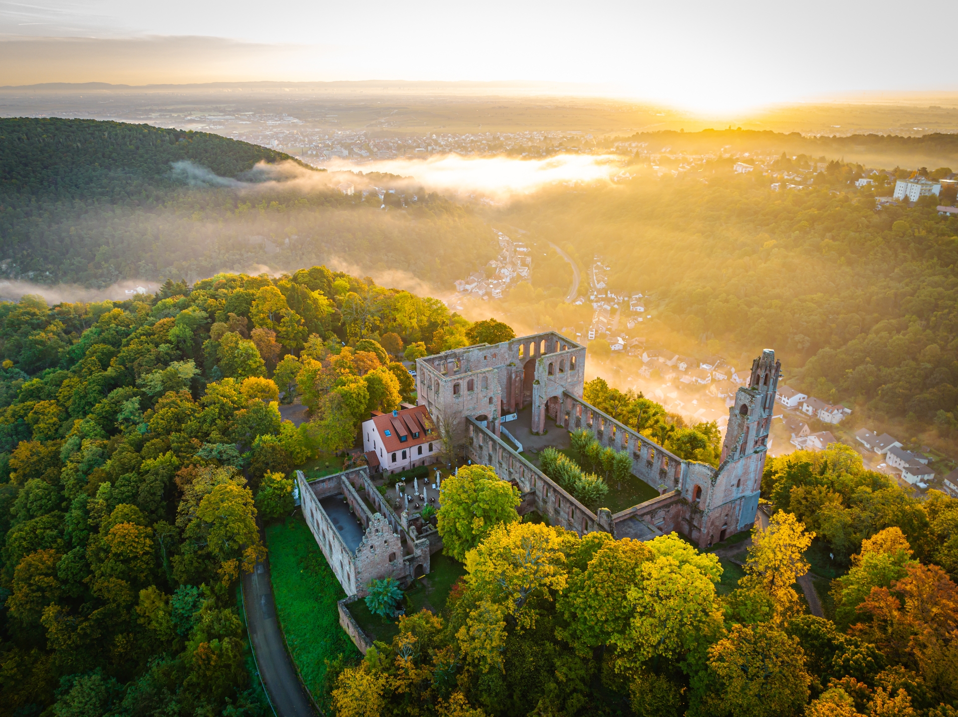 Auf dem Berg thront die Klosteruine Limburg bei Sonnenuntergang mit Blick auf den nebligen Pfälzerwald.       