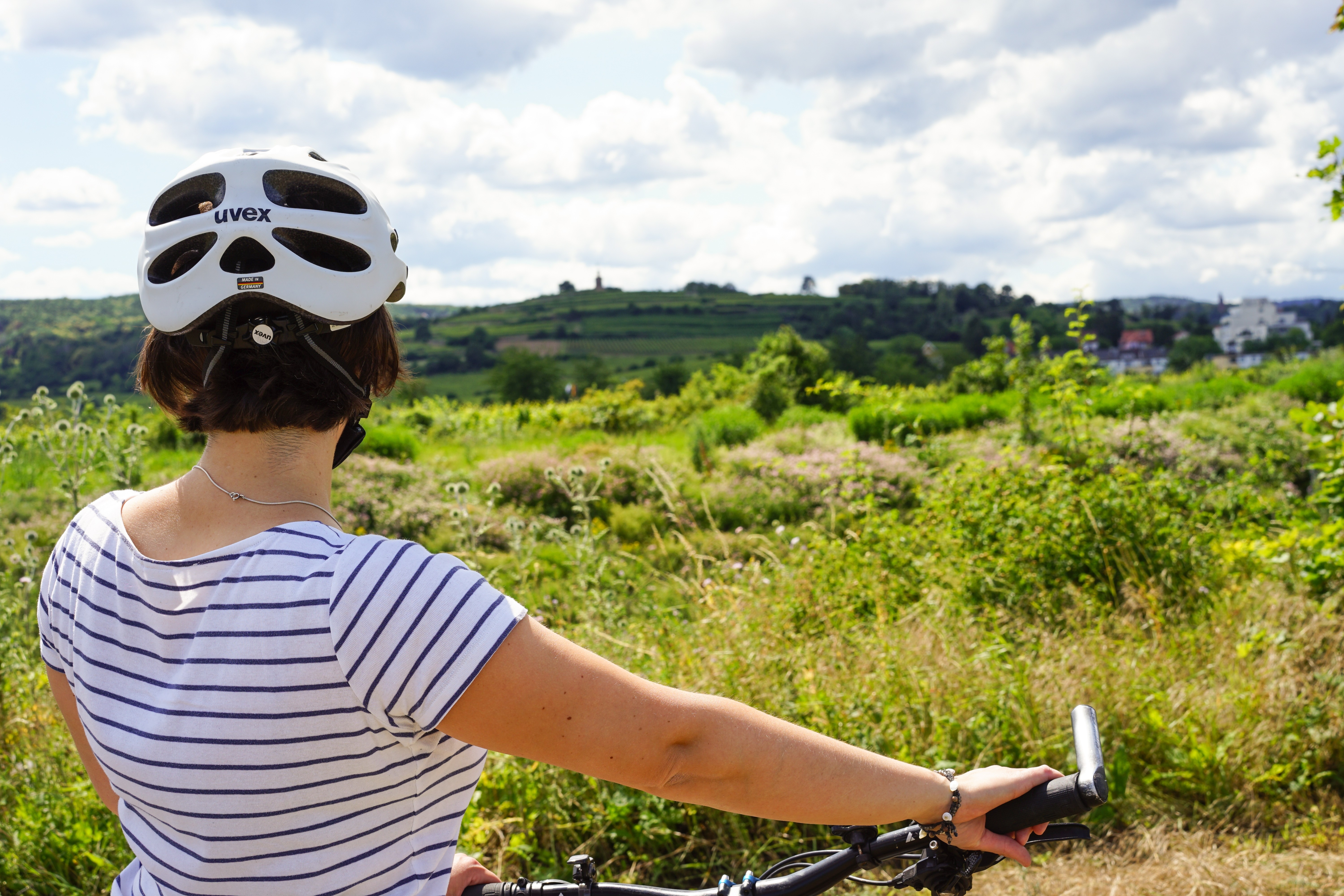 Eine Radfahrerin mit Helm schaut in die Weinberge. Im Hintergrund lässt sich der Flaggenturm erkennen. Die Radfahrerin ist uns abgewandt, wir schauen auf Ihren Rücken und Hinterkopf.
