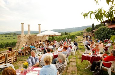 Unterhalb der Römervilla Weilberg sitzen Personen auf Stühlen und auf Picknickdecken. Die haben Essen und Getränke vor sich. Im Hintergrund erkennt man die Säulen der Römervilla und die saftig grünen Weinberge.