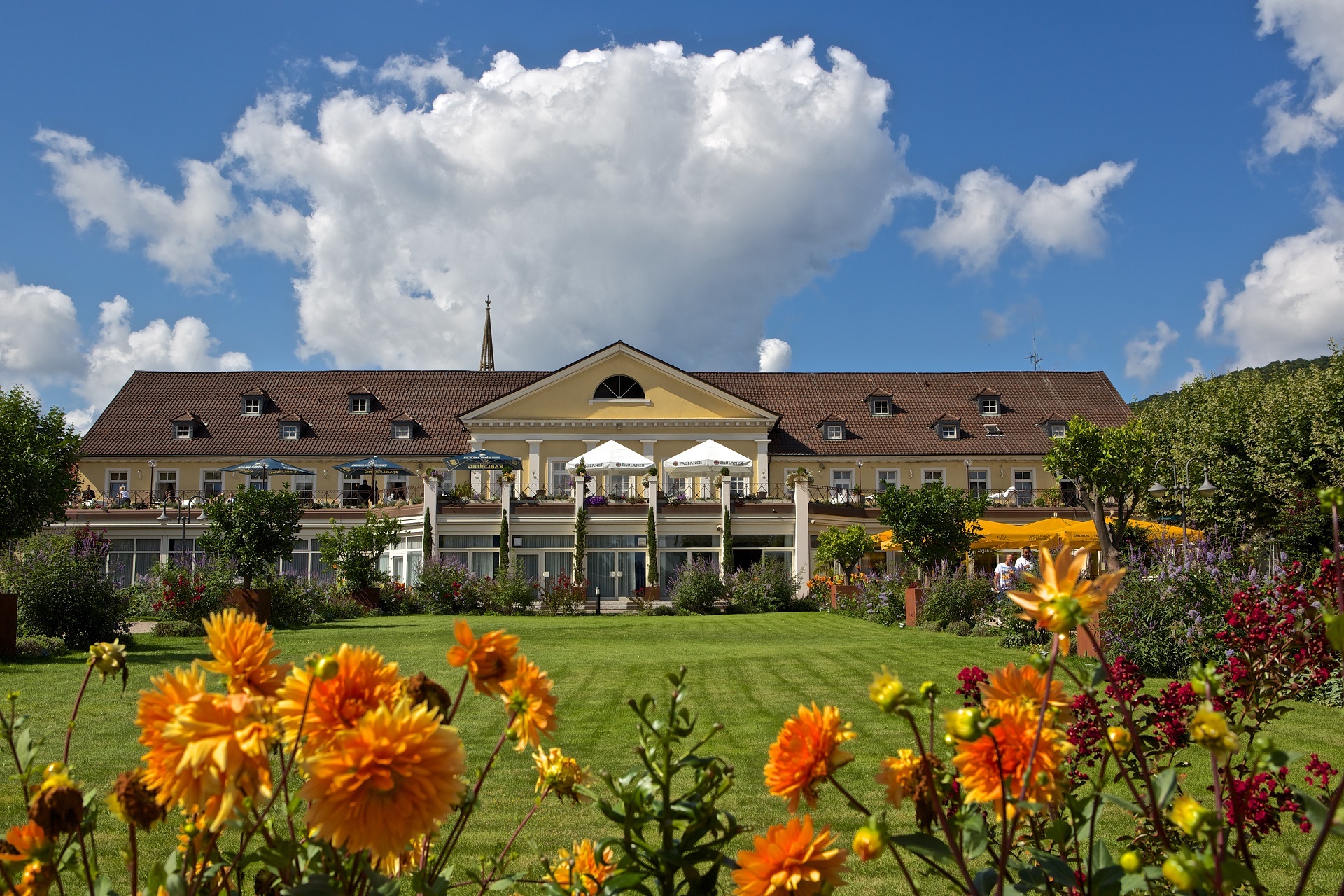 Außenansicht des Kurpark Hotels, im Vordergrund ist der obere Kurpark in Bad Dürkheim zu erkennen mit einer grünen Rasenfläche und orange farbenen Blumen.