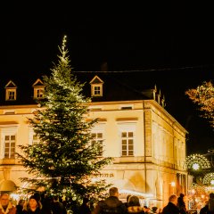 Auf dem Römerplatz steht während des Dürkheimer Advents ein imposanter, weihnachtlich geschmückter Tannenbaum.