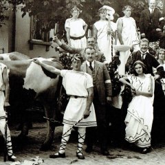 Zu sehen sind Männer und Frauen, die sich vor und auf einem Bacchus-Wagen befinden, der von gescheckten Kühen gezogen wird. Ein Großteil der Menschen ist in griechischen Gewändern gekleidet, ein paar wenige Männer tragen Anzüge. Bei dem Motiv handelt es sich um Begleitpersonen eines Wagens für den Wurstmarktumzug von 1924.