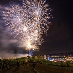Feuerwerk über dem Michelsberg mit Bad Dürkheim im Hintergrund. Das Feuerwerk erstrahlt in den Farben blau, weiß und gelb.