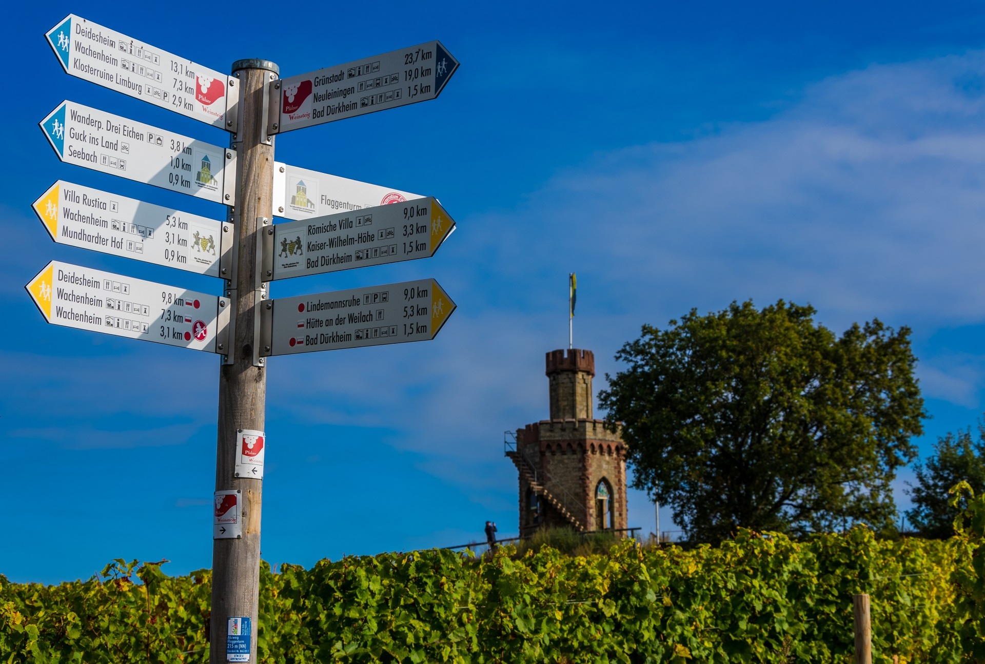 Im Vordergrund ein Wanderwegweise der in verschiedene Richtungen zeigt. Im Hintergrund das Flaggentürmchen.