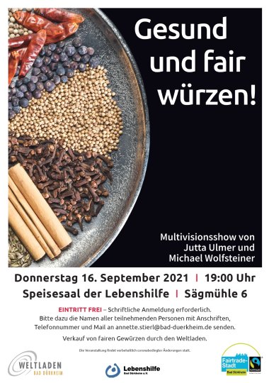 Plakat der Veranstaltung Gesund und fair würzen am 16.09.2021. 