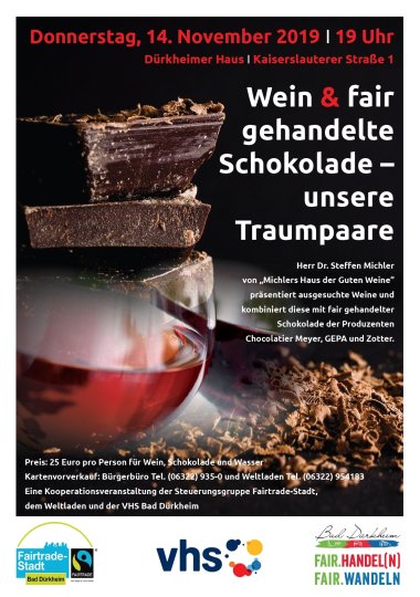 Plakat der Veranstaltung Wein & fair gehandelte Schokolade am 14.11.2019