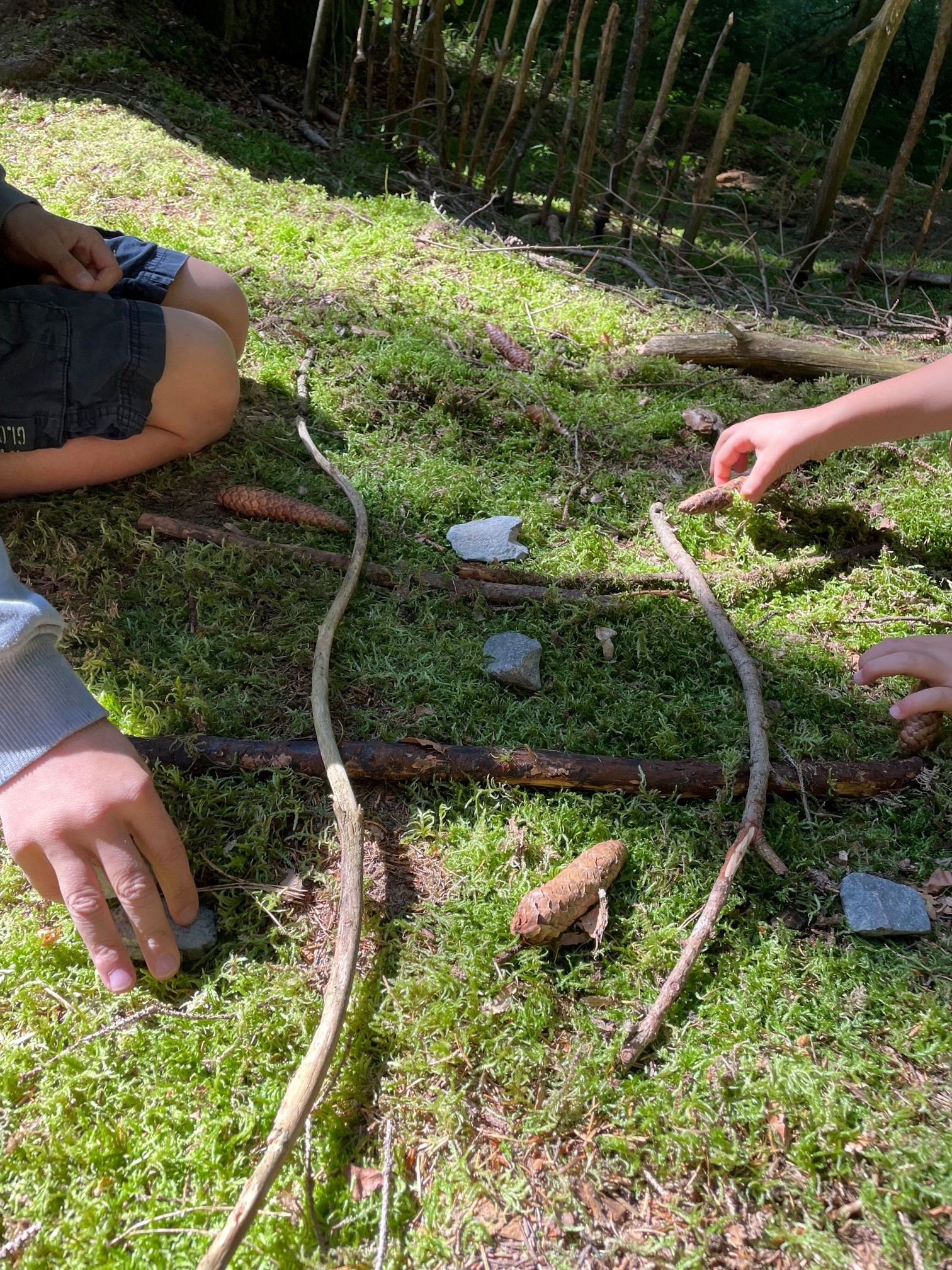 Kinder spielen auf der Waldwiese mit Stöcken