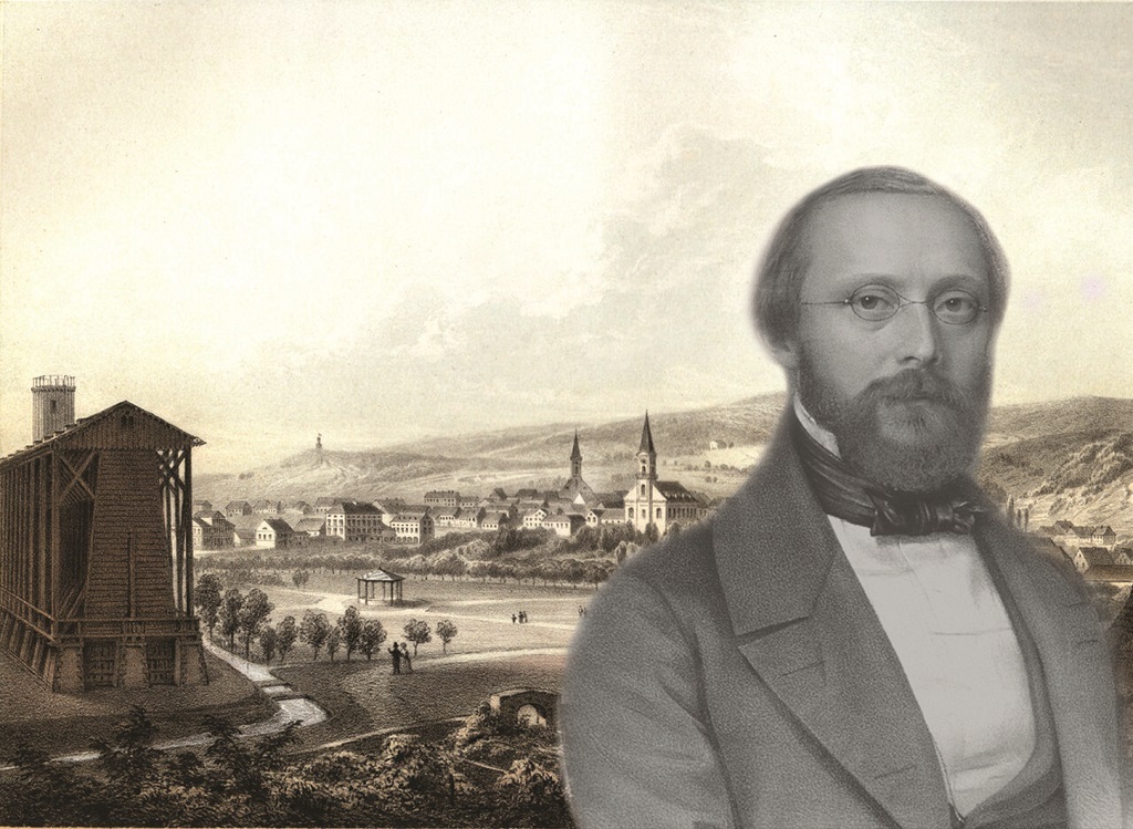 Plakat zur Sonderausstellung "Rudolf Virchow" im Stadtmuseum Bad Dürkheim mit Bild von Rudolf Virchow und historischem Gradierbau