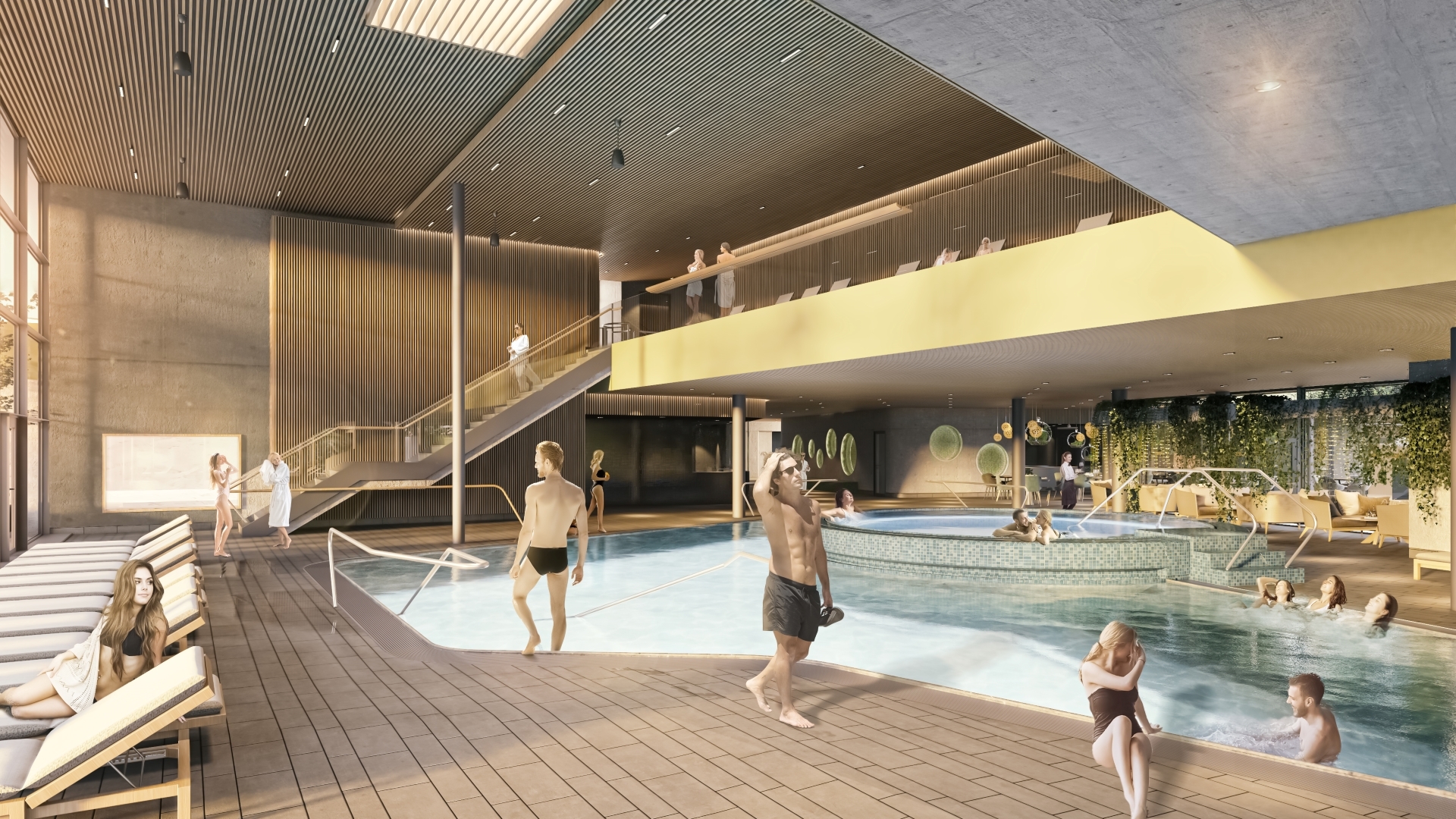 Modellansicht der Therme von Innen mit Becken und Liegestühlen