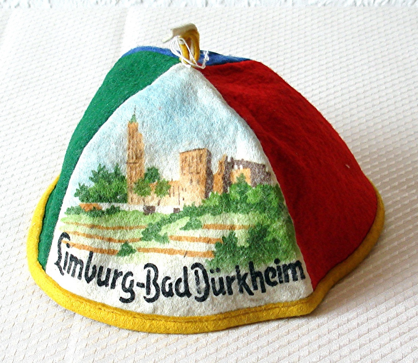 Mütze aus buntem Filz mit gedrucktem Bild Limburg Bad Dürkheim um 1920