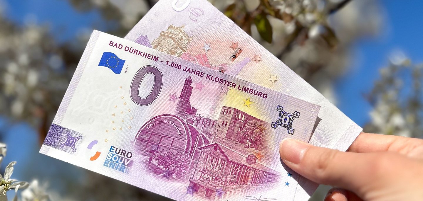 0-Euro-Souvenir-Schein mit Abbildungen des Gradierwerks, des Dürkheimer Riesenfasses und der Klosterruine Limburg