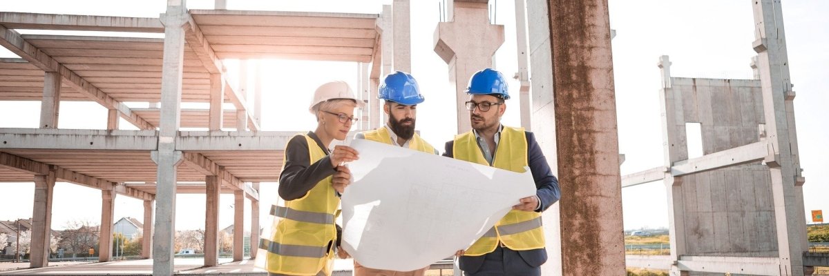 Männer auf Baustelle schauen in einen Plan